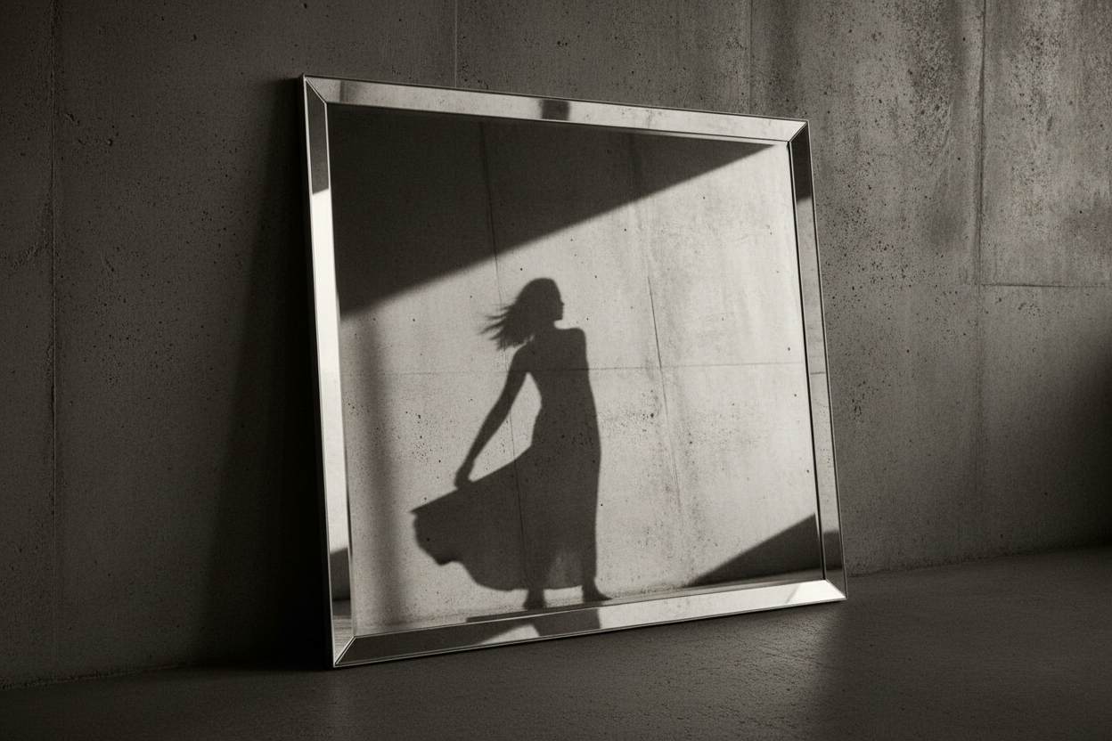 A minimal frameless mirror against a dark concrete wall reflecting a female silhouette, dark editorial style