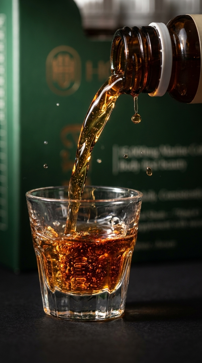 Aura marine collagen being poured into a crystal glass with packaging behind