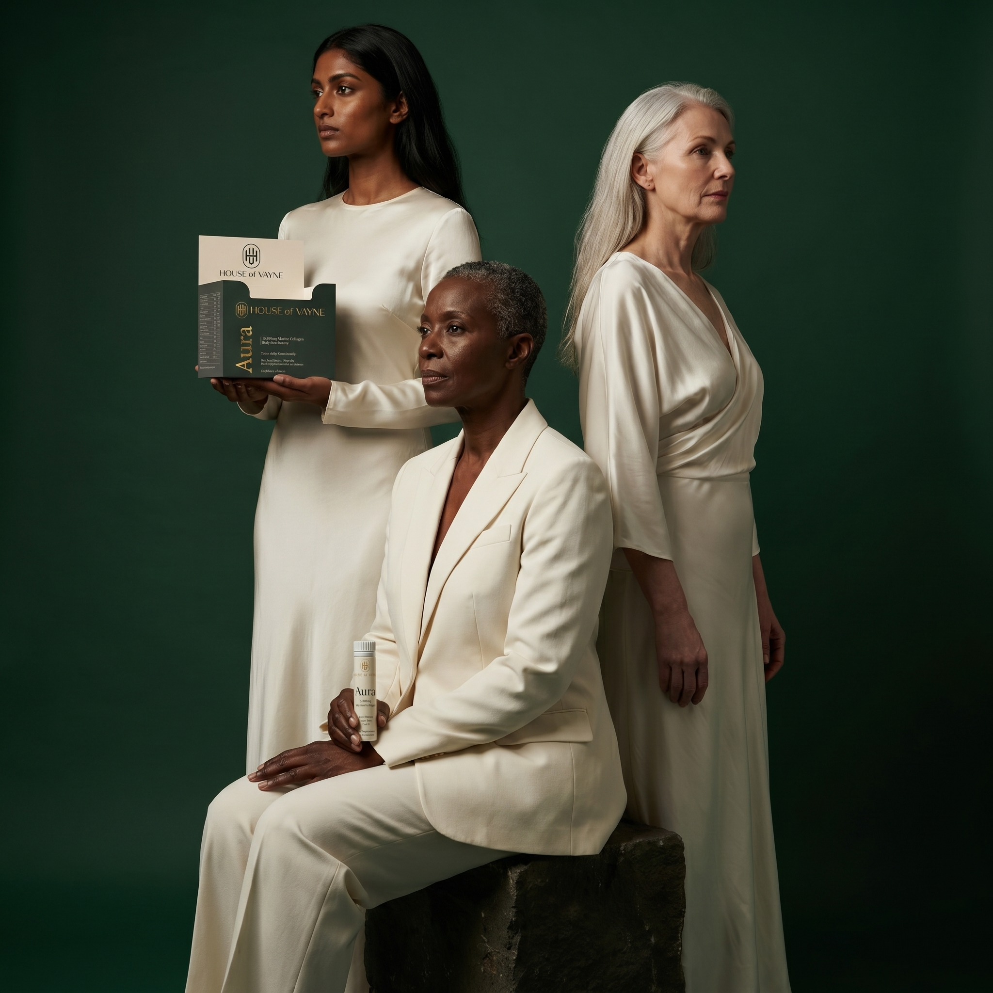 Three diverse women in cream styling against dark green, one holding Aura packaging
