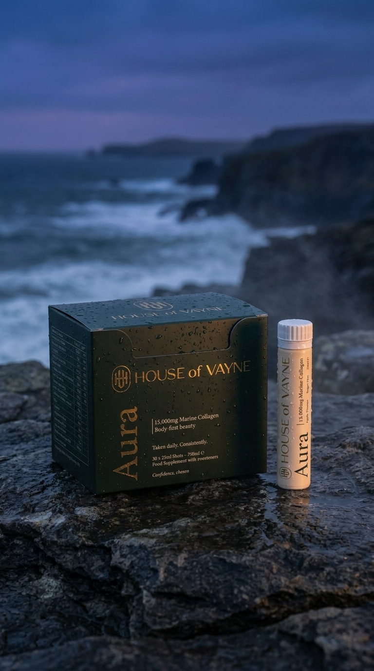 ura box and shot bottle on coastal rocks at twilight by the sea