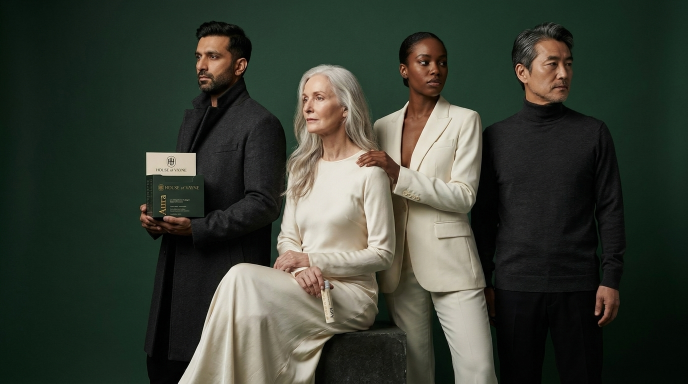 Four diverse models in cream styling against a dark green backdrop