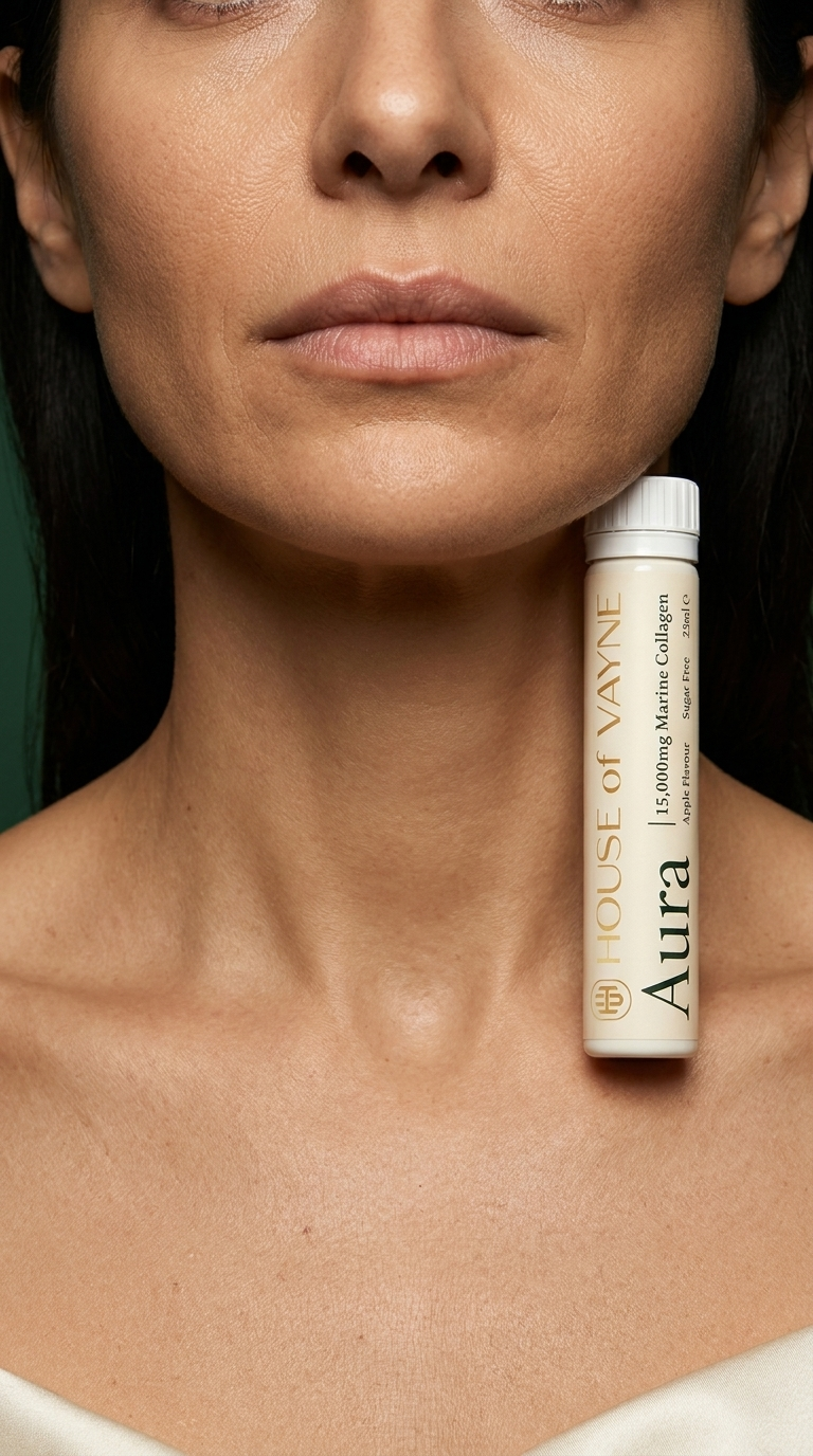 Aura bottle held against neck close-up