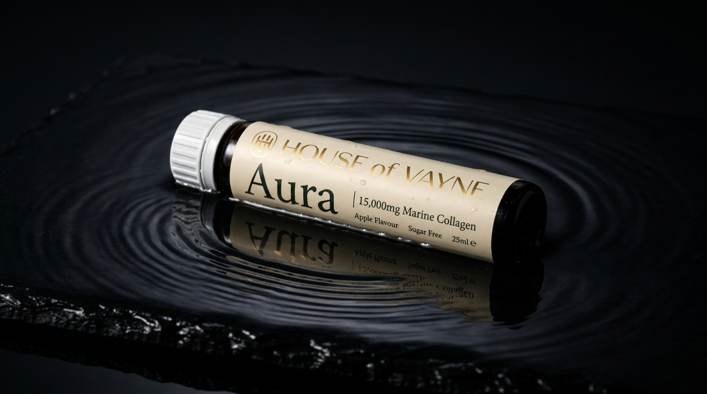 Aura shot bottle reflected on a dark glass surface