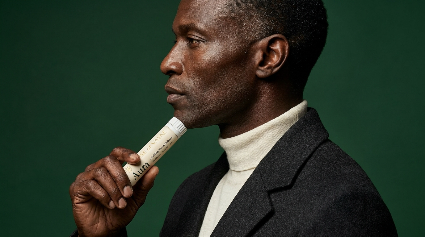  Black man in profile wearing a dark coat, holding Aura bottle near chin